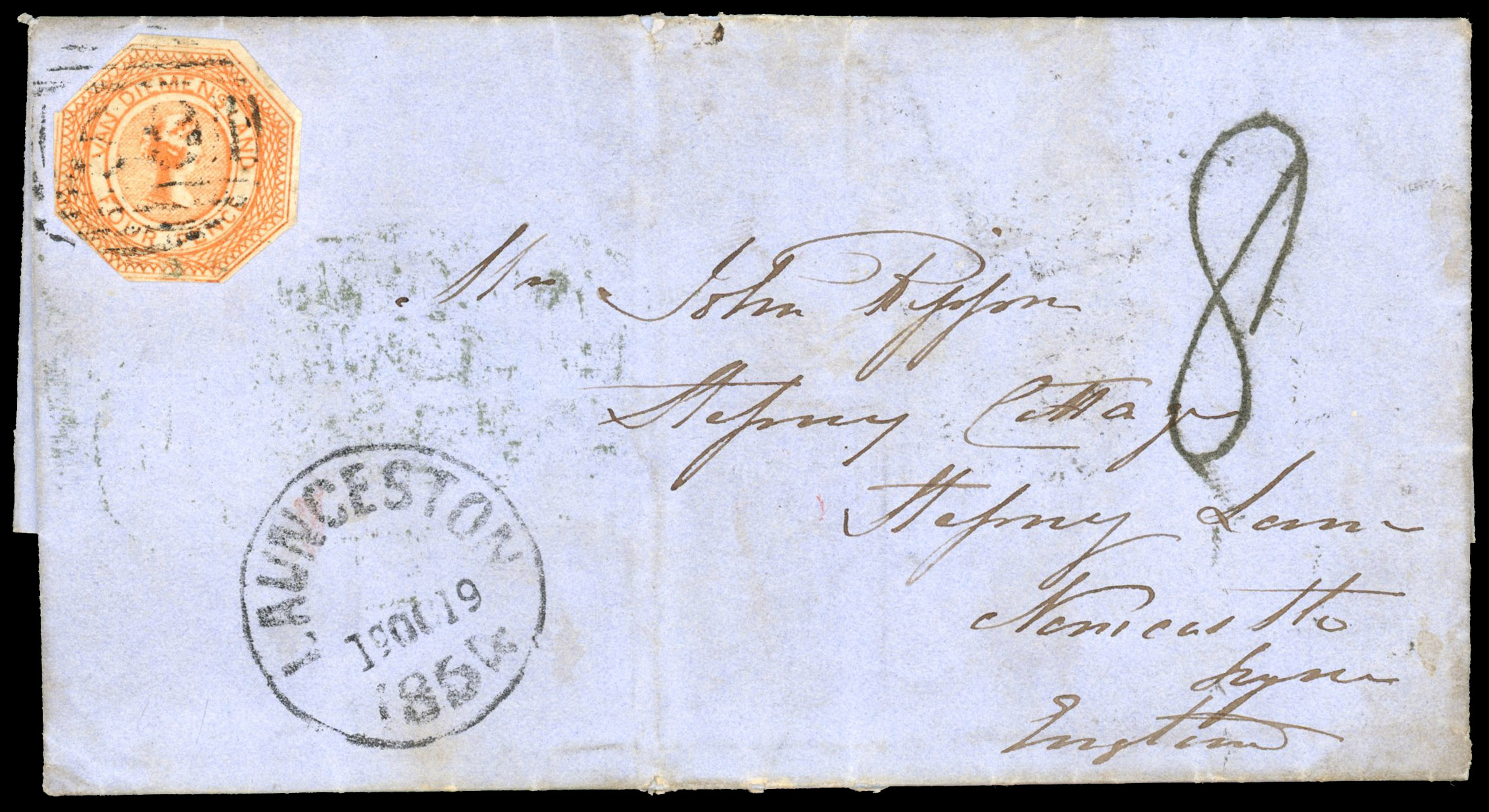 Tasmania 1854 entire letter bearing 4d to England