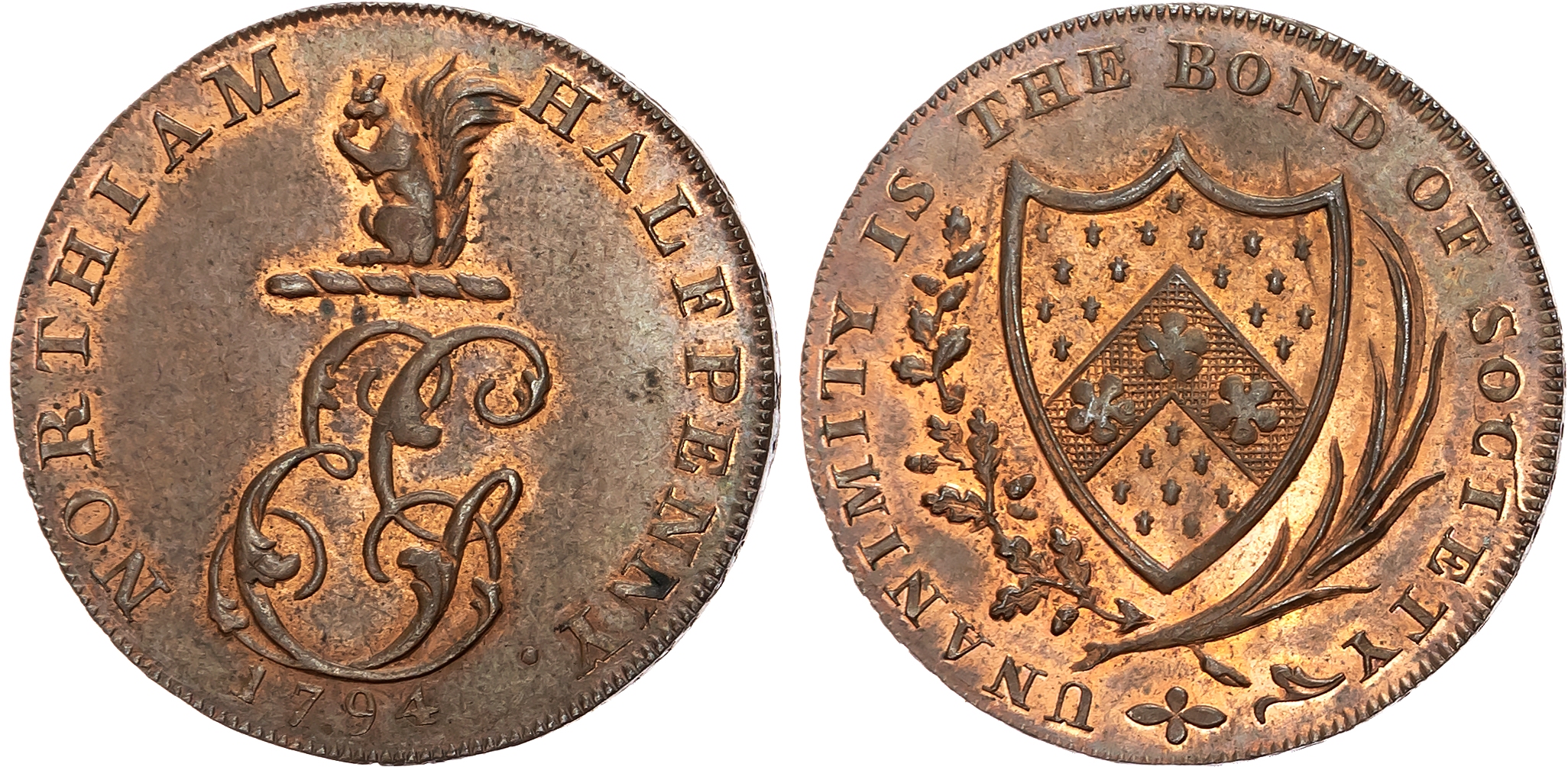 Suss. Northiam , Elias Gilbert, (gentleman farmer, grocer and blacksmith), Squirrel crest over EG cypher, rev. Gilbert …