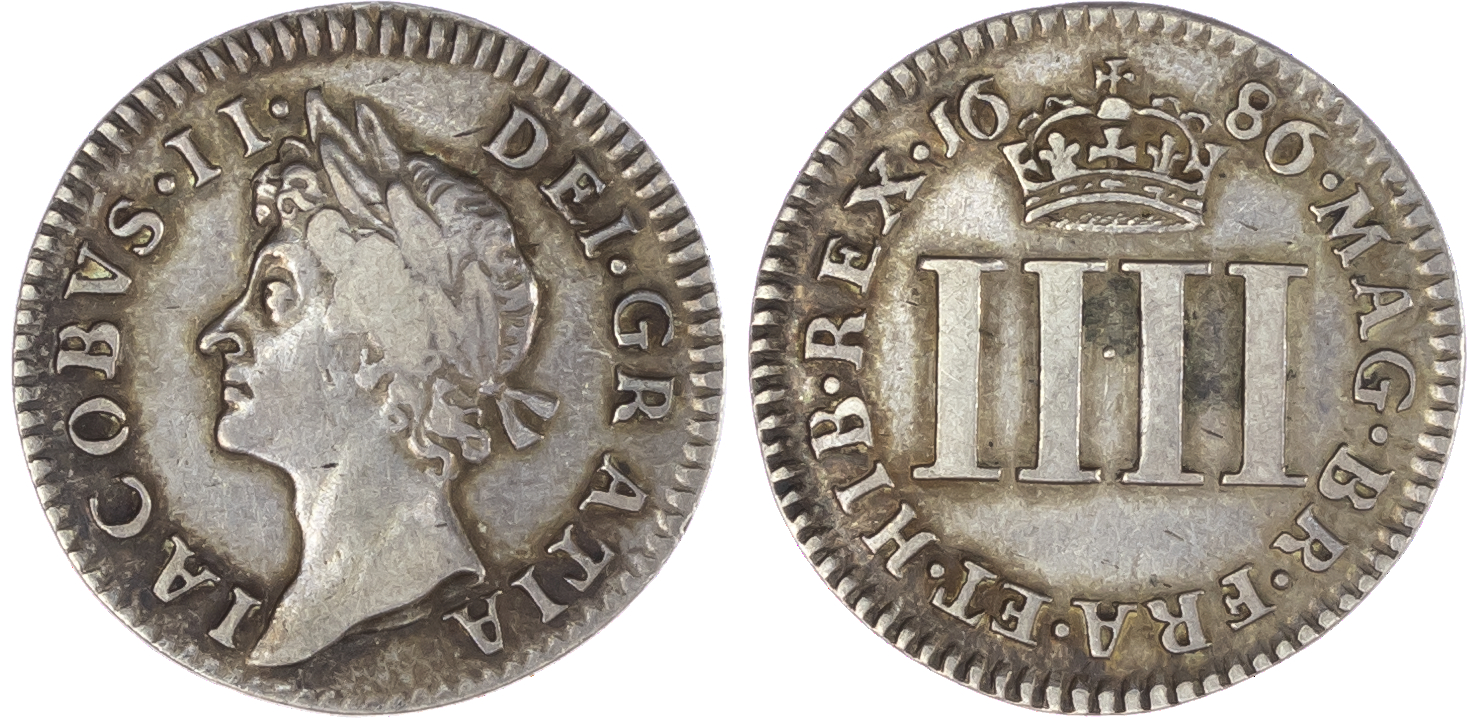 James II (1685-88), Maundy Set, 1686, Fourpence, Threepence, Twopence and Penny, laureate head left, legend surrounds