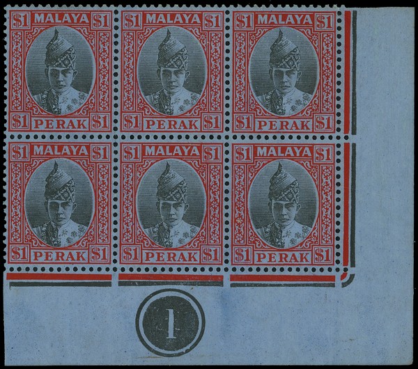 1938-41 $1 black and red on blue paper Plate 1 block of six from lower right corner, unmounted o.g., fine with the normal...