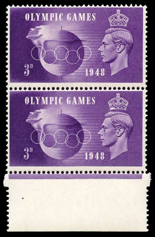 1948 3d Olympic games. Very fine unmounted o.g. bottom marginal vertical pair showing variety "Hooked 3" (Cyl.1 no dot,...