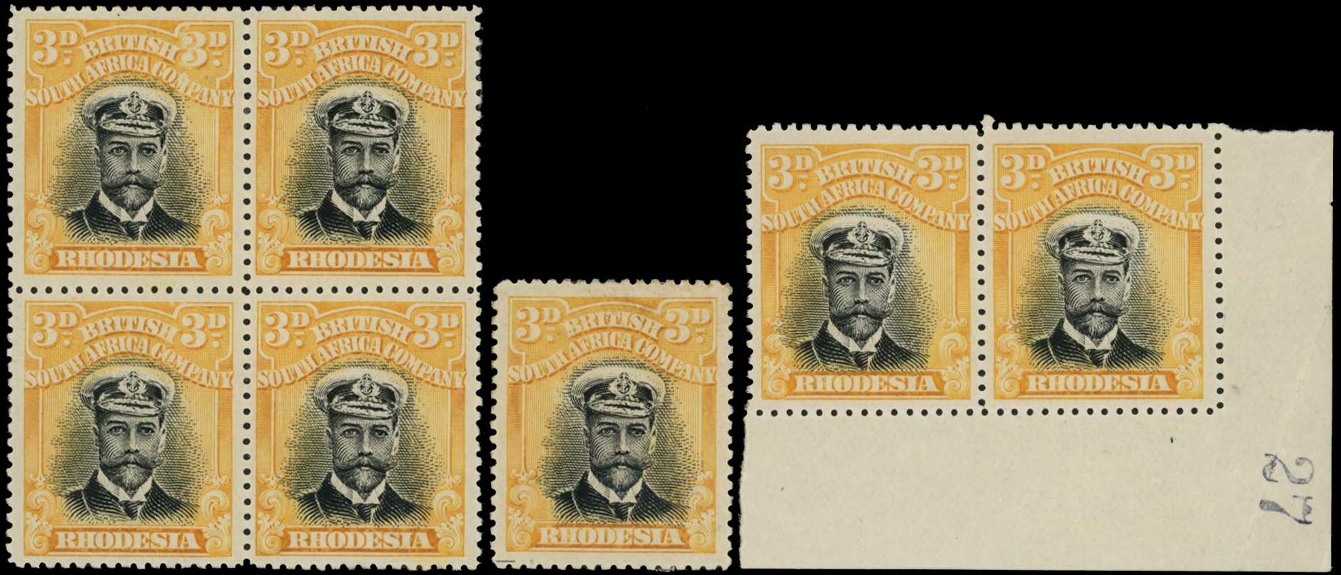 1913-17 3d Head Die I, perf 15. Mint block...