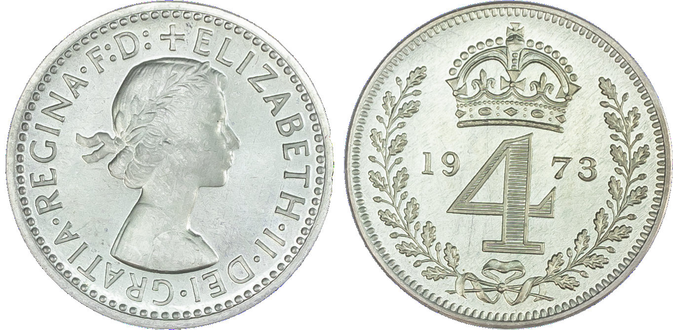 Elizabeth II (1952-2022), Maundy set, 1973, young laureate head of Queen right, legend and beaded border surrounding,