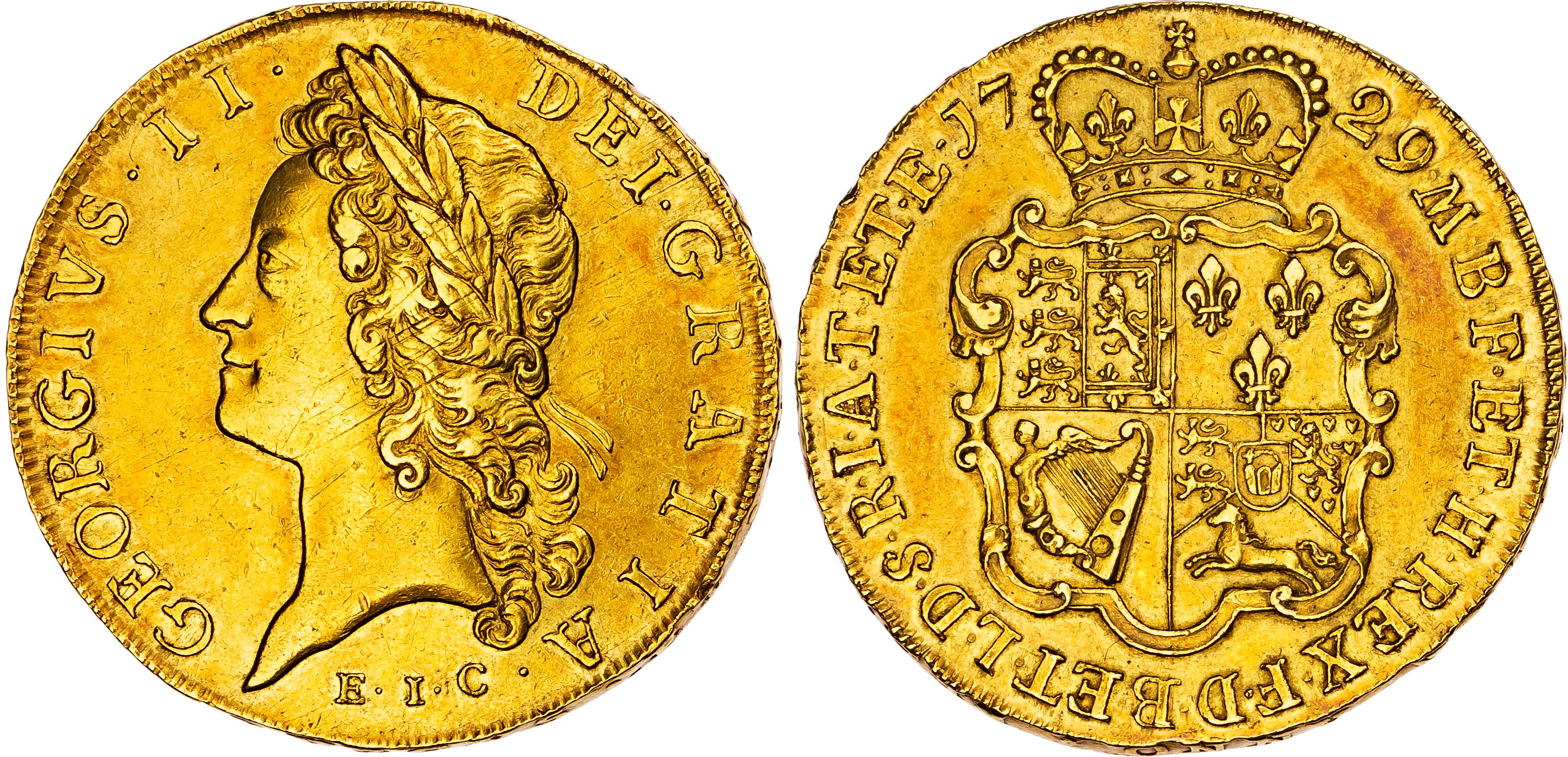 George II (1727-60), Five-Guineas, 1729 TERTIO, East India Company issue, large lettering.