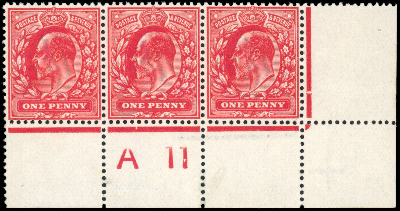 GB: 1911 Harrison, perf 14, 1d deep rose-carmine, mint unmounted og lower right corner 'A11 (w) control strip of three