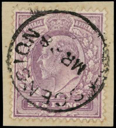 1902-11 6d purple tied to paper piece by...