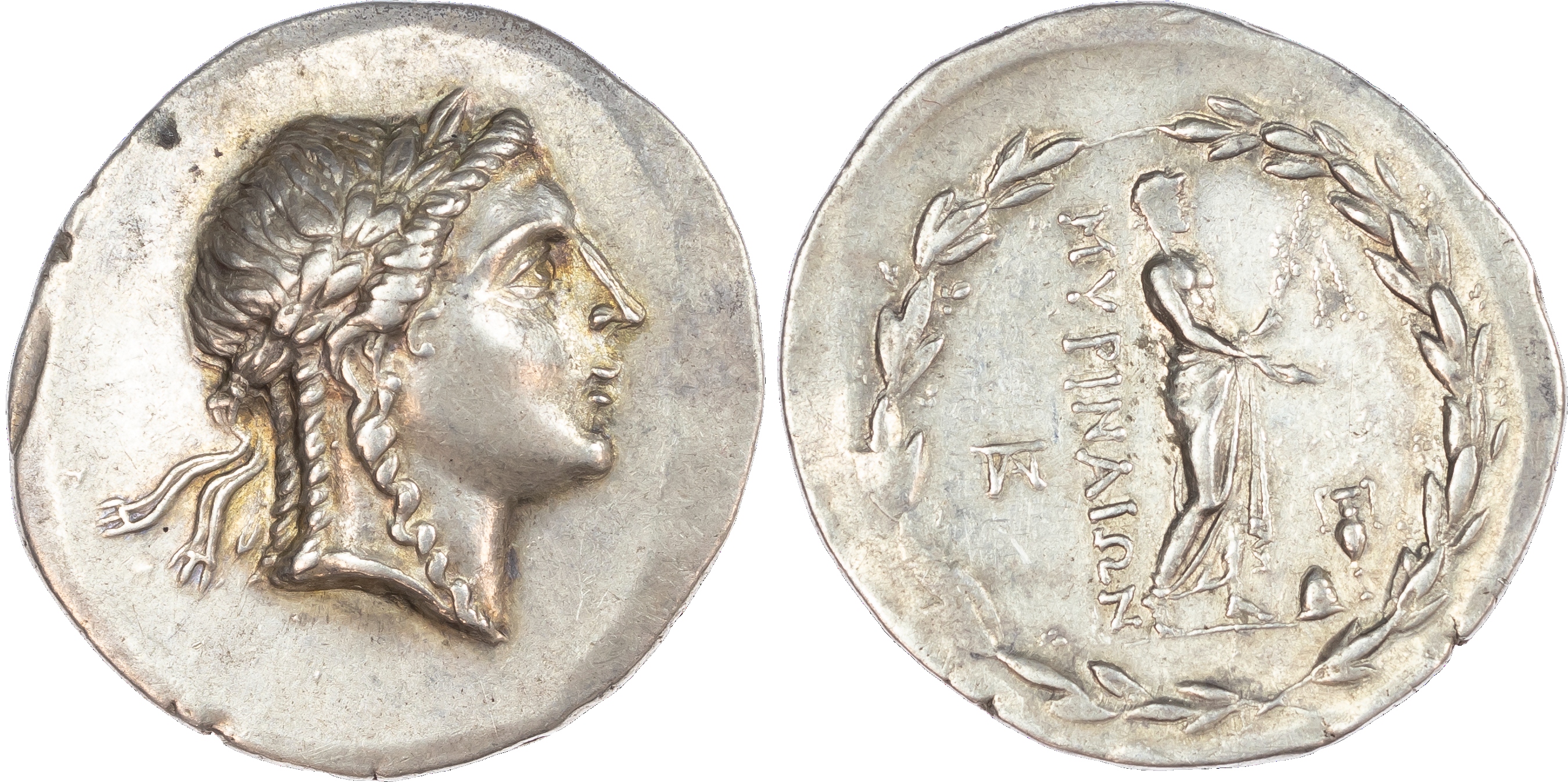 Aeolis, Myrina (c. 160-143 BC) AR Tetradrachm, Stephanophoric type, 16.66g. Laureate head of Apollo facing right. Rev.