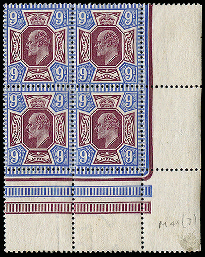 Great Britain 1911 9d Dull reddish purple & blue. Very fine unmounted o.g. block of four printed at Somerset House…
