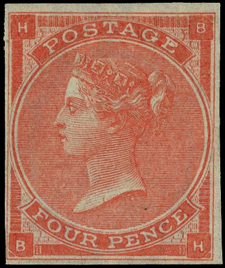 1863 4d Bright red Pl.4 (Hair lines). Very fine unused o.g. imperforate imprimatur lettered BH. Scarce one of only 22 po…