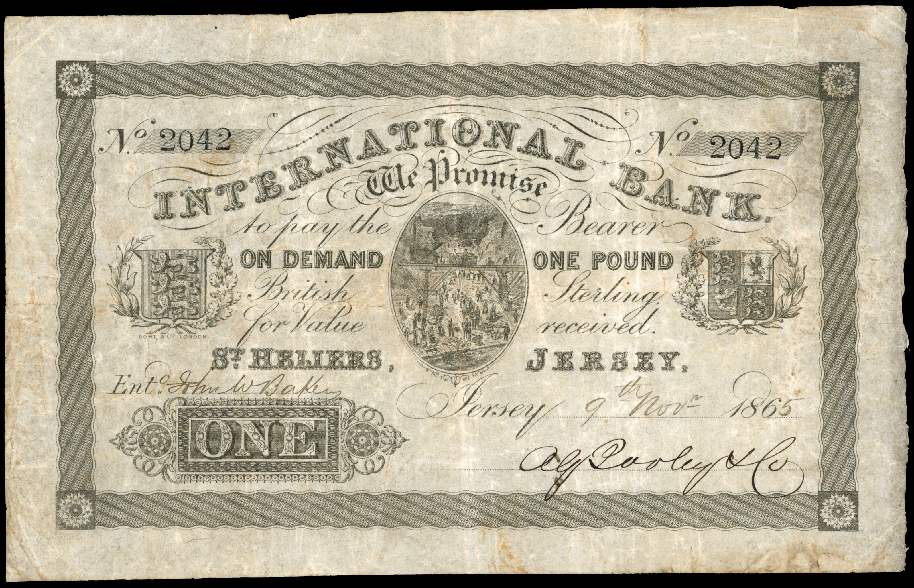 Jersey, St. Heliers International Bank, £1.,9 Nov 1865, serial no 2042, central vignette of a construction sit…