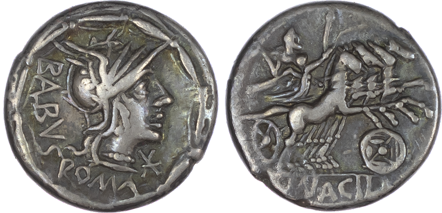 Mn. Acilius Balbus (125 BC) AR Denarius, Rome, 3.89g. BALBVS / ROMA, helmeted head of Roma facing right, mark of value to