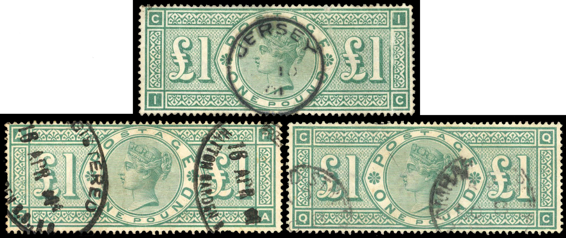 GB: 1891 £1 green, three examples with minor imperfections otherwise good used SG 212