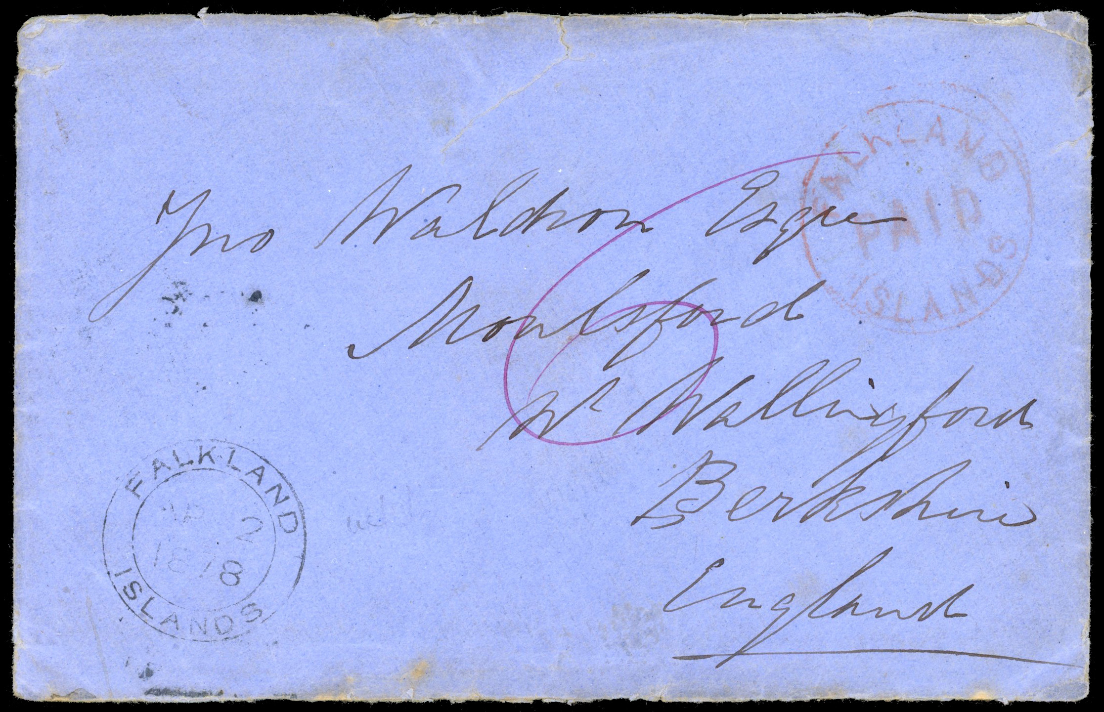 Falkland Islands SG FR2 1878 red Frank cover to Berkshire