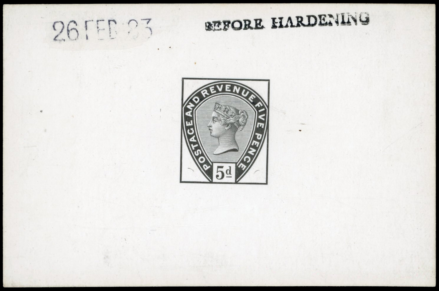 GB 1883-84 5d die proof (with line under “d”, unissued), printed in black on white glazed card, For SG 193var