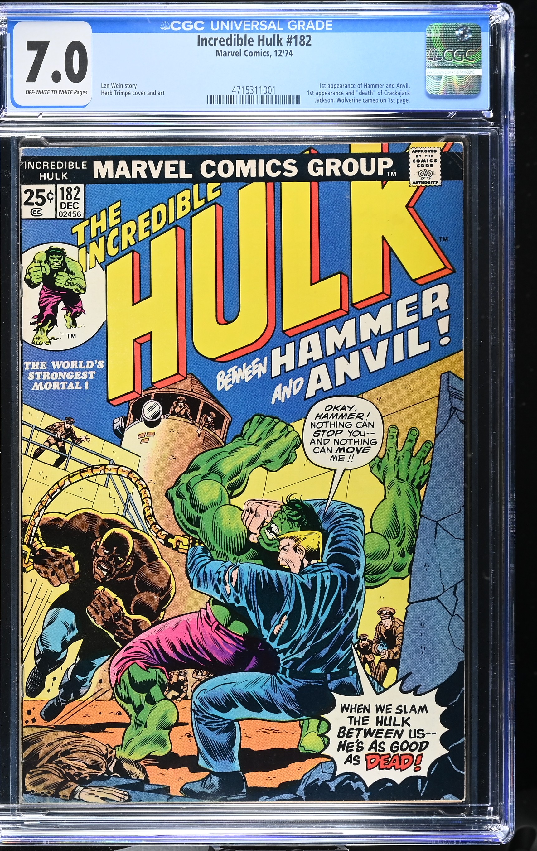 Incredible Hulk #182 CGC 7.0 1st Appearance of Hammer and Anvil (Marvel Comics, 1974) Off-White to White Pages