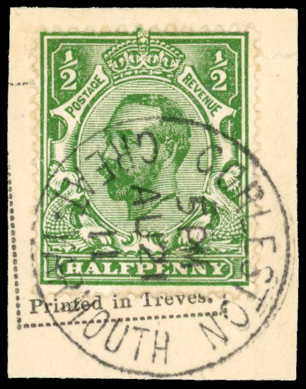 1911 1/2d green Downey Head Error Perforation 14 on piece