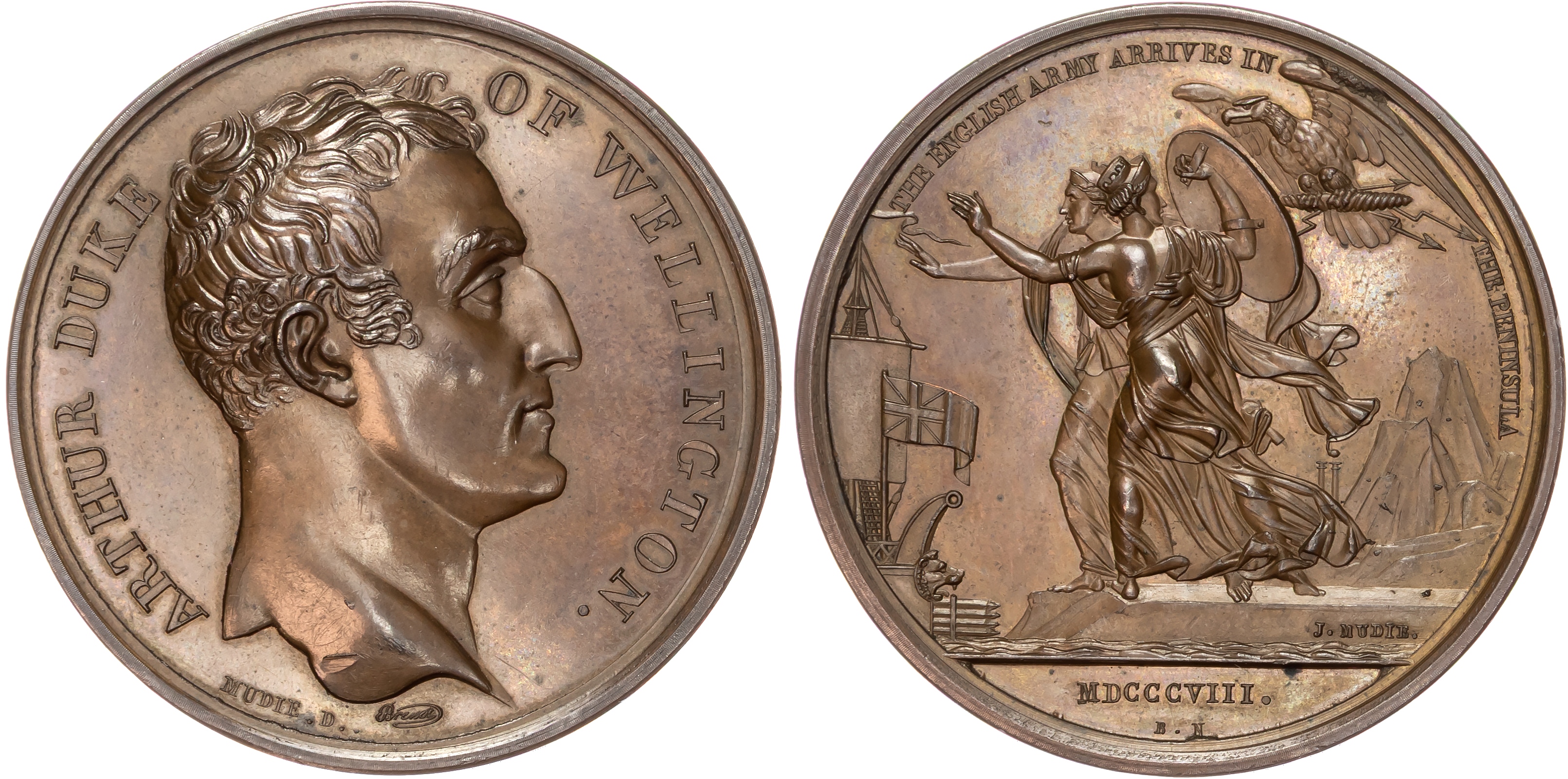 Wellington’s Army Arrives in the Peninsula 1808, AE medal (1820) by N. Brenet for Mudie's British Victories Series.