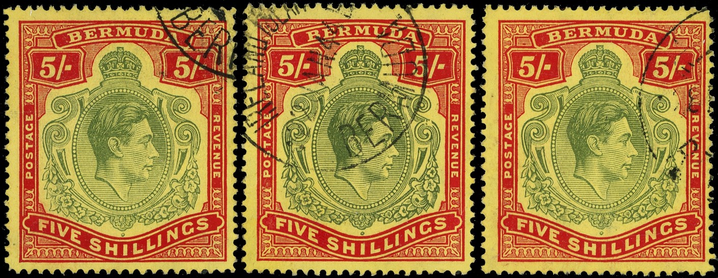 Bermuda 1938-53 5s dull yellow-green and red on yellow, line perf 14¼ (3rd printing), three used examples with...