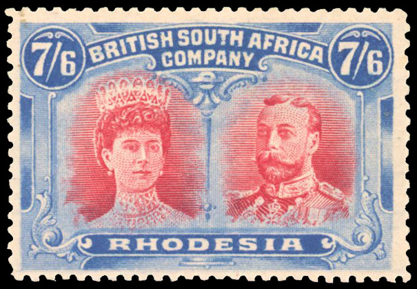 Rhodesia 1910-13 7s6d carmine and bright blue perf 14