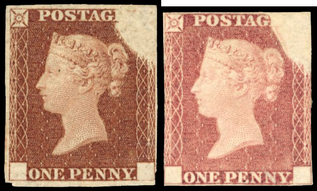 GB 1840 1d Rainbow Trials in red-brown, First and Second States