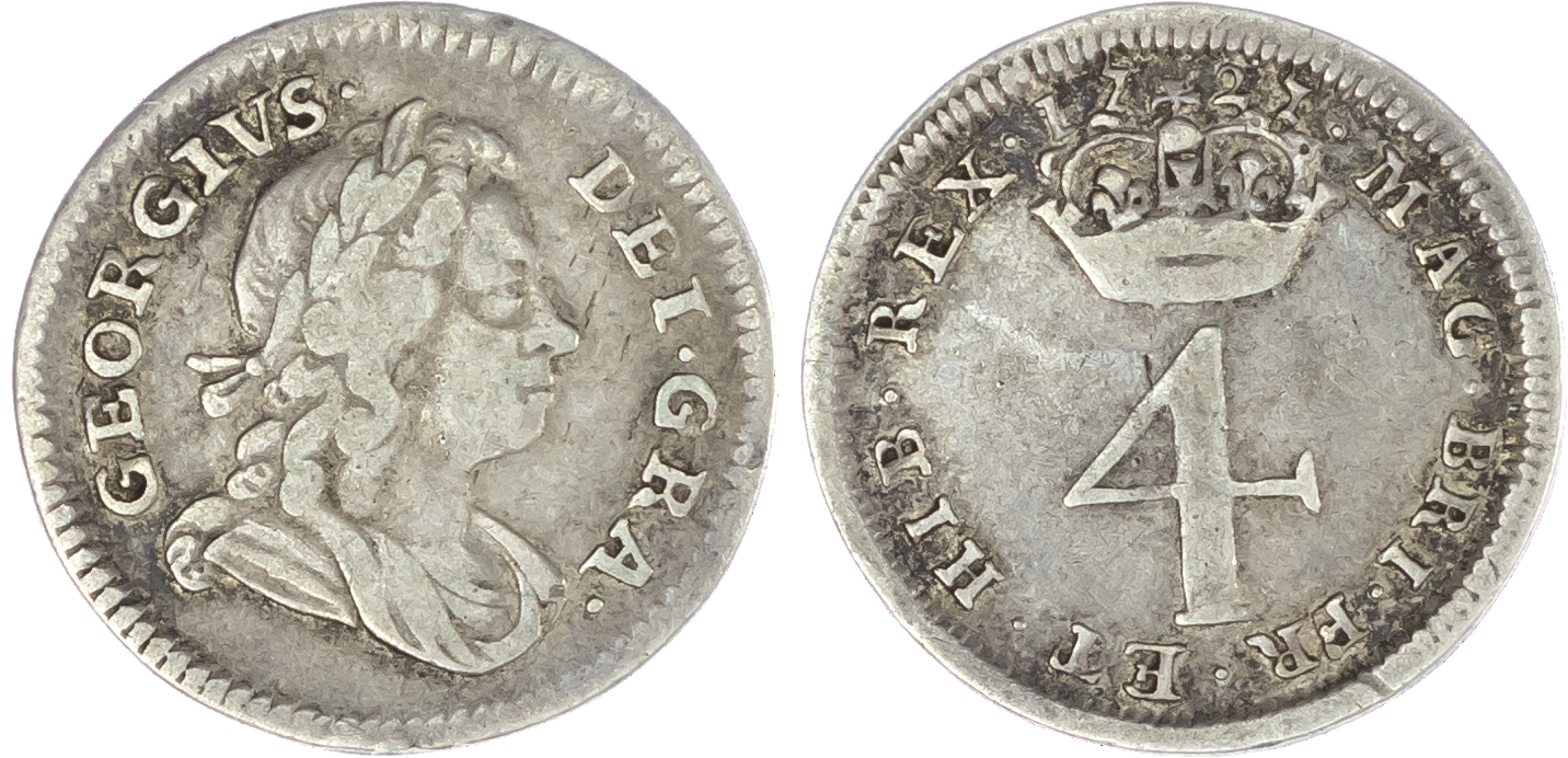 George I (1714-27), Maundy Set, 1727, Fourpence, Threepence, Twopence, Penny, laureate and draped bust right, toothed outer