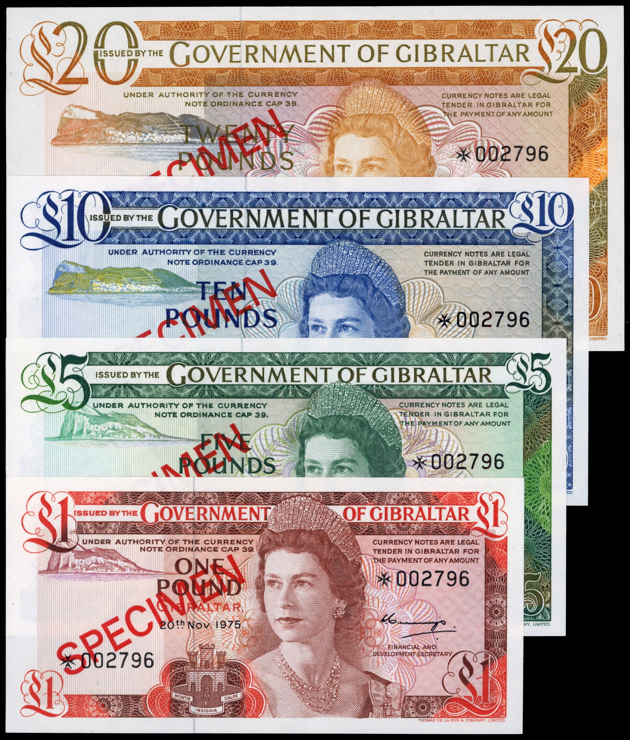 Gibraltar, Government, One Pound, 20 Nov 1975, Five Pounds, 1975, Ten Pounds, 1975, Twenty Pounds 1975, Fifty …