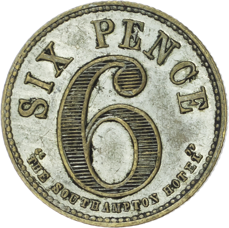 Lot of 5 coins - Lon. High Holborn, Southampton Hotel , 1/2d., 26mm . EF. 1d. 28.5mm silvered 6d. 19mm . VF. 1/-. 23.5mm...