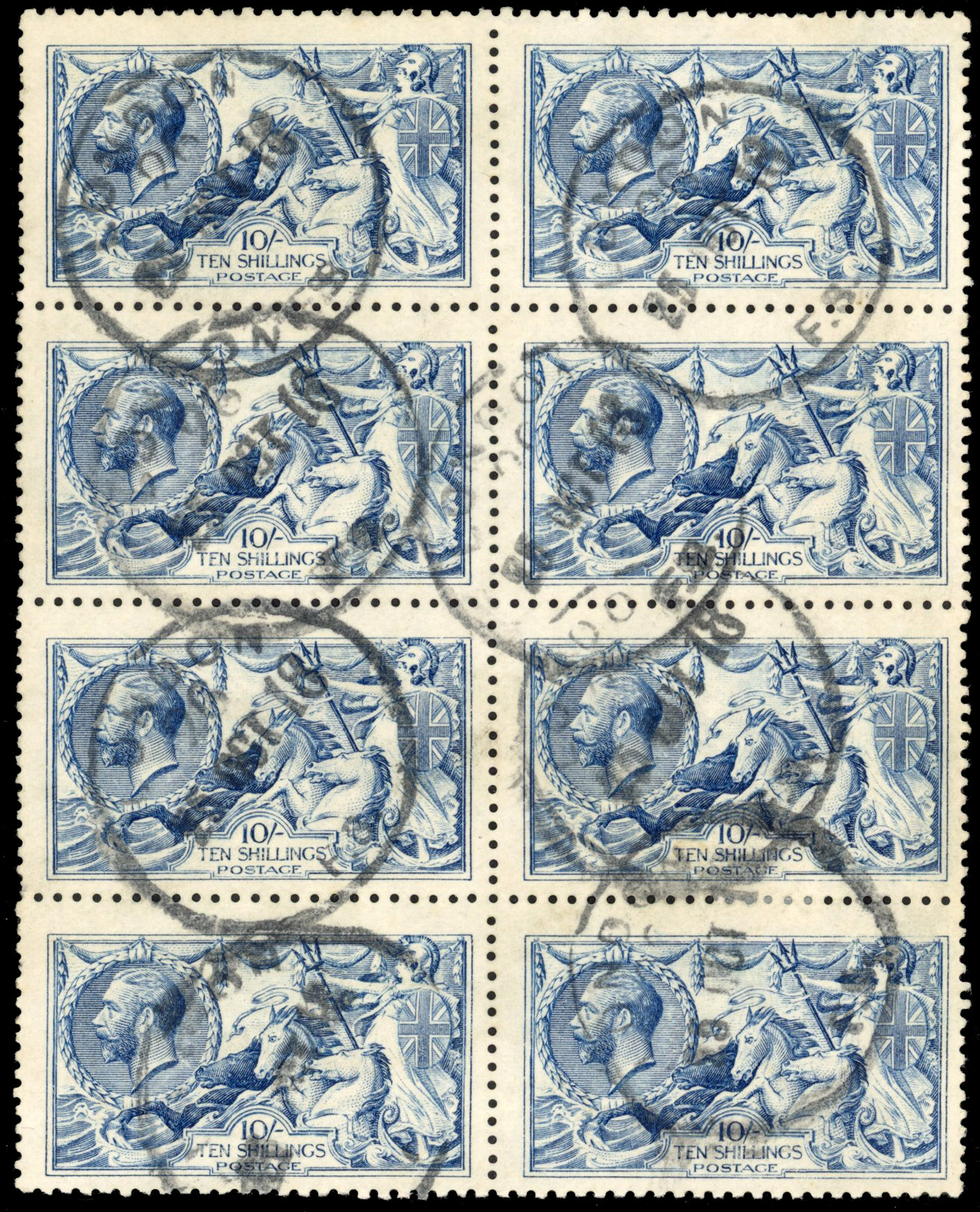 GB 1915 DLR 10s deep blue, worn plate, block of eight, used, SG 411