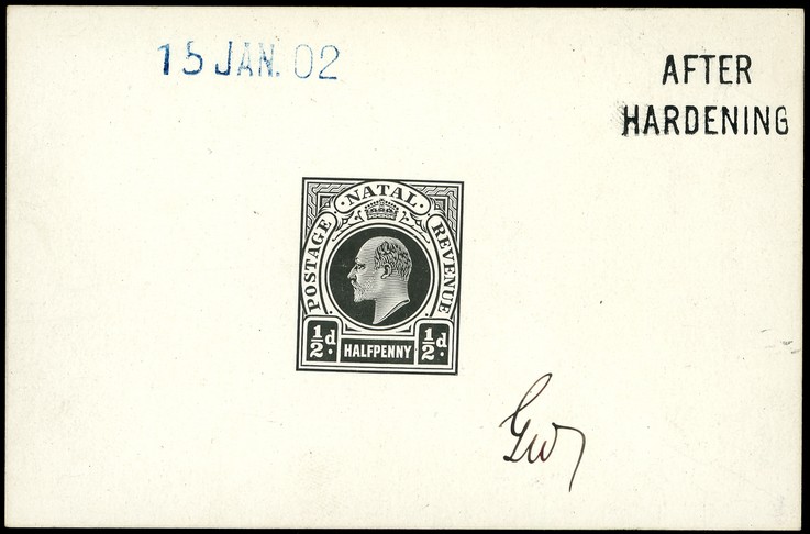 1902 Die Proof of ½d completed design in black on glazed card 93 x 60mm, dated 15 JAN. 02 in blue, marked AFTER HARDENING...