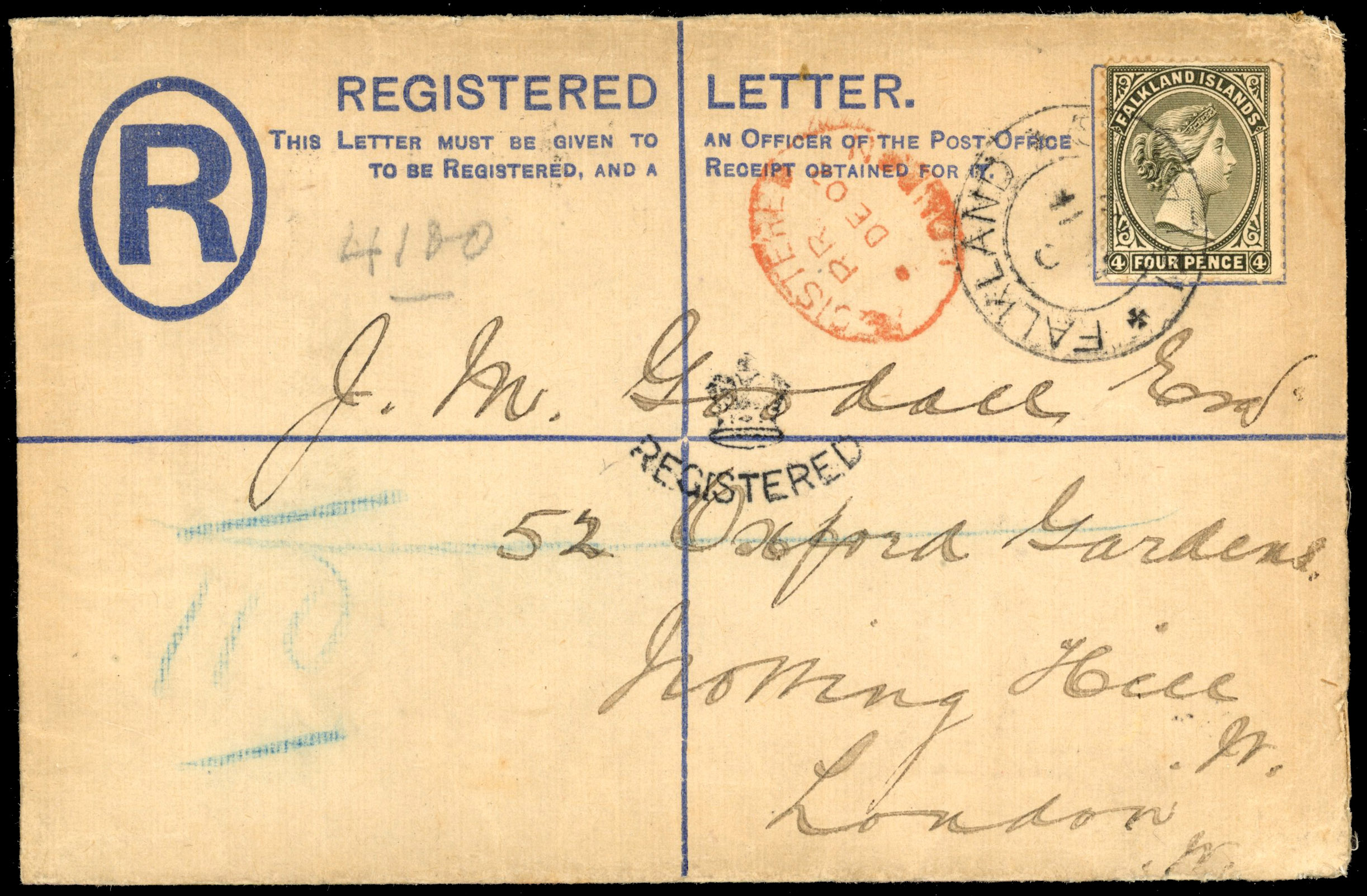 Falkland Islands 1902 Formula envelope franked with QV 4d olive-black