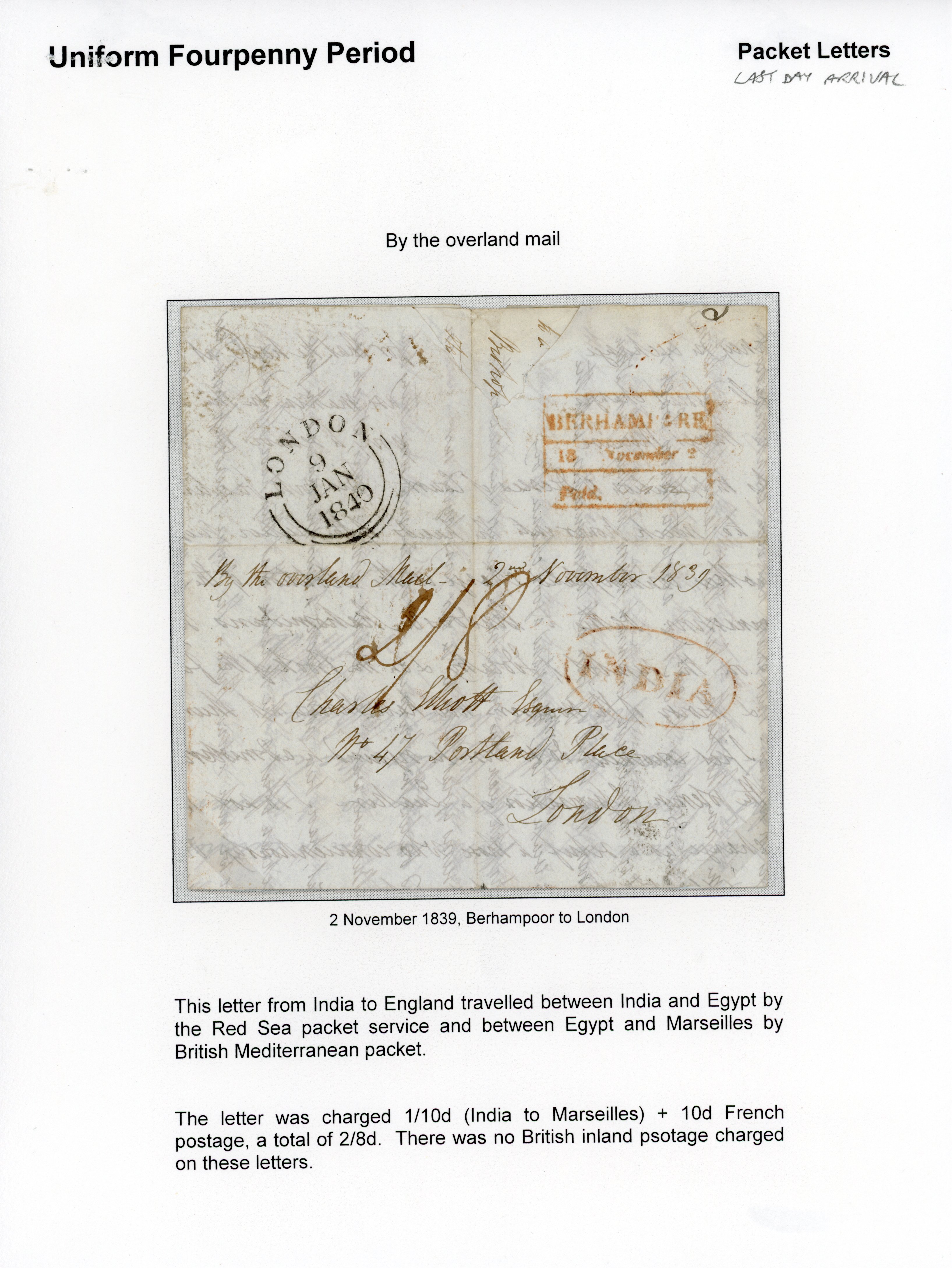1839 Maritime mail/Uniform Fourpenny Period. Very fine entire sent from Berhampoor, India