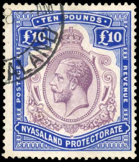 Nyasaland SG 99e 1919 £10 purple and royal blue used
