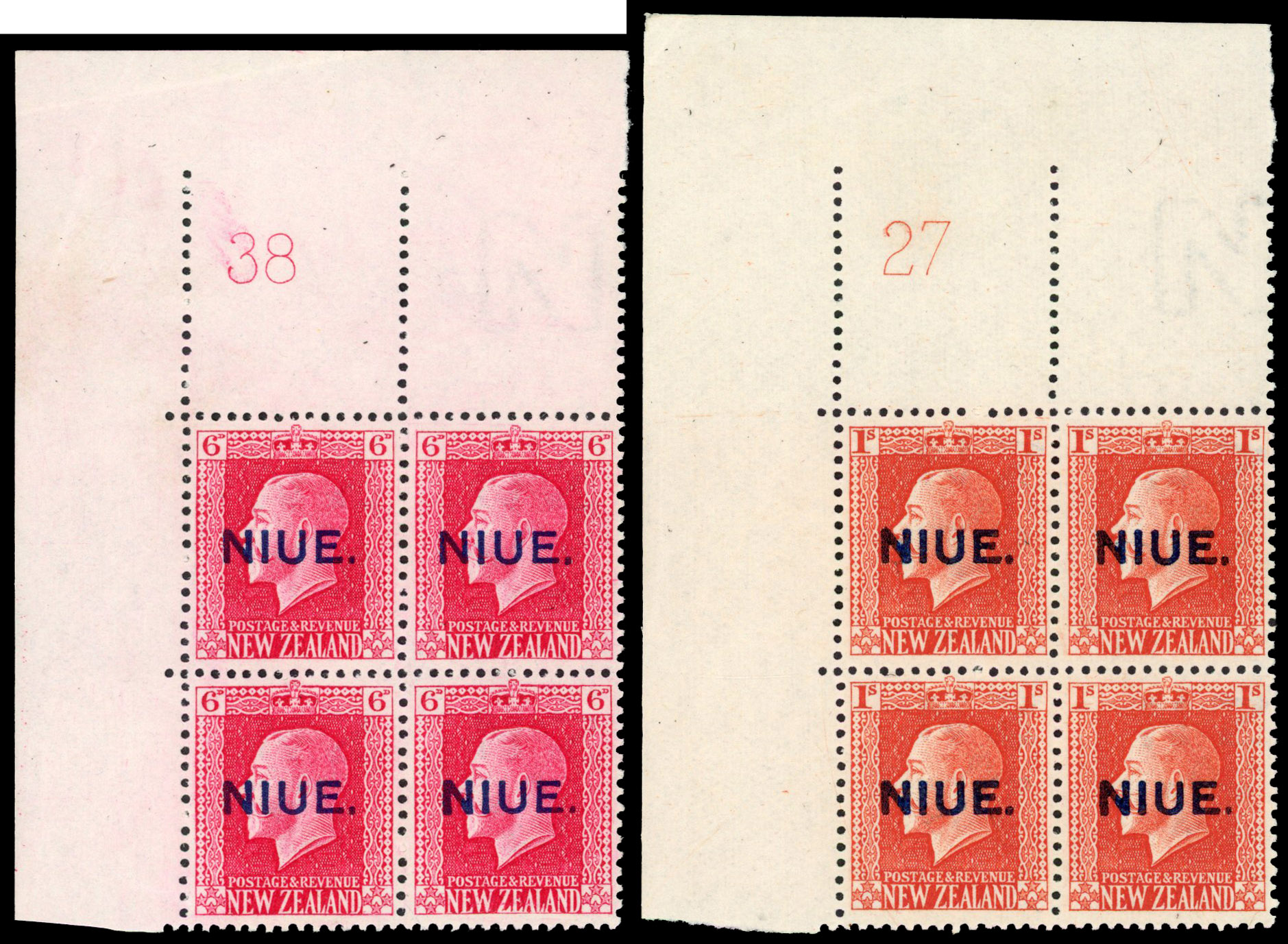 Niue SG 30/31 1917-21 6d, 1s plate blocks of 4 unmounted