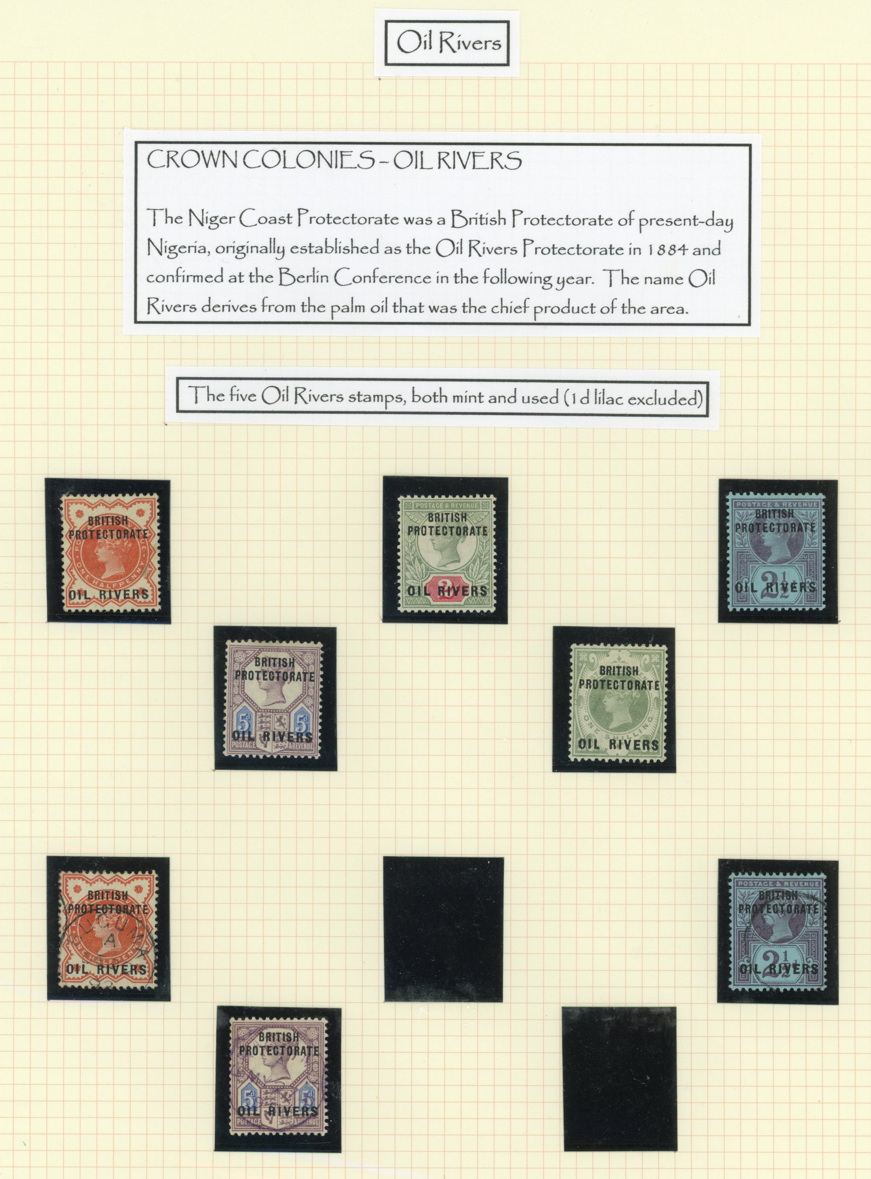 Jubilee stamps issued for use abroad: Oil Rivers Protectorate 1892-93 display collection