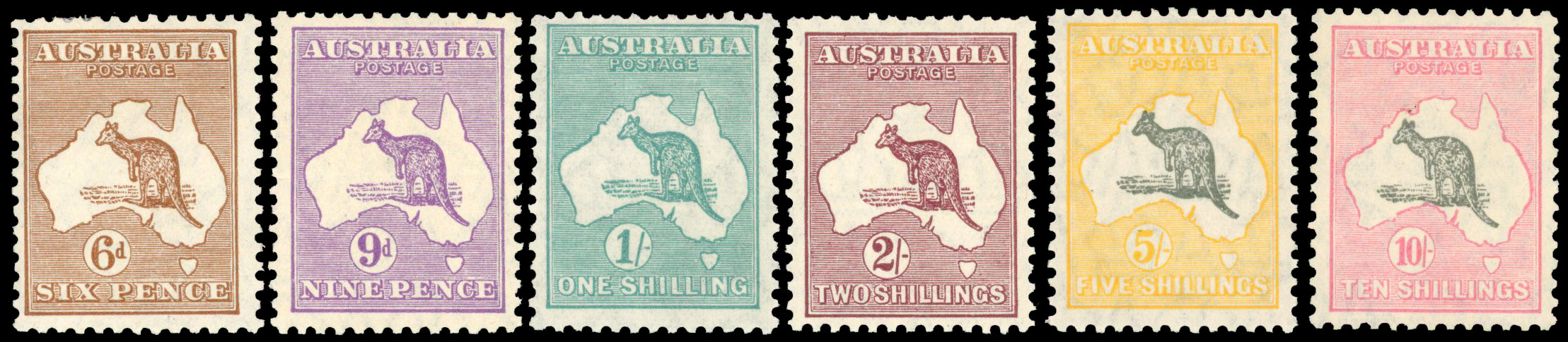 Australia Kangaroo 5th Wmk short set of 6 to 10s  S.G. 107/12 cat £1,000+