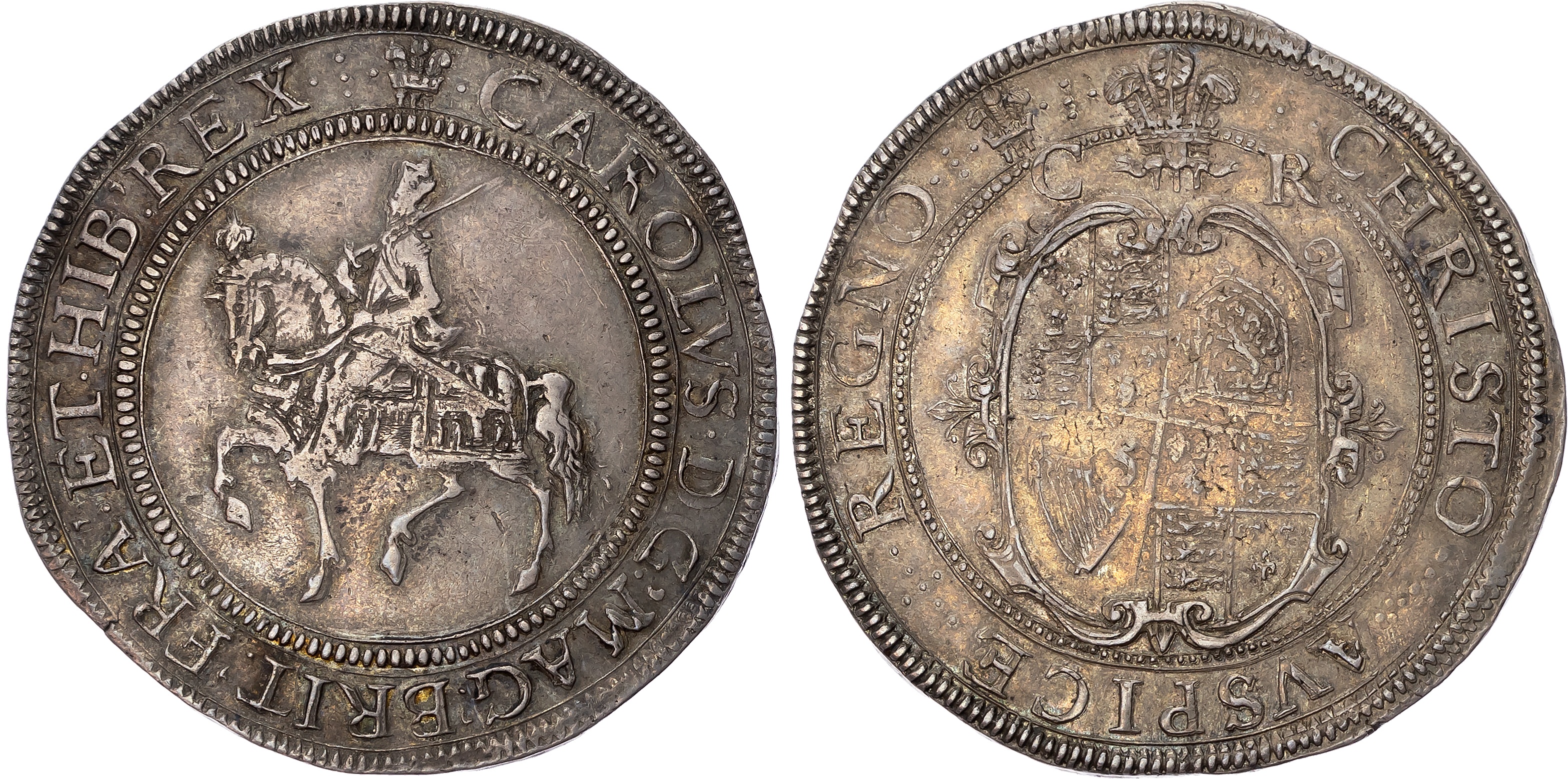 Charles I (1625-1649) Crown, Tower mint under the King, group II, type 2b1, mintmark plume (1630-31). King on horseback …