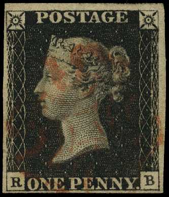 1840 1d black, plate 5 (RB) 4 good margins,...