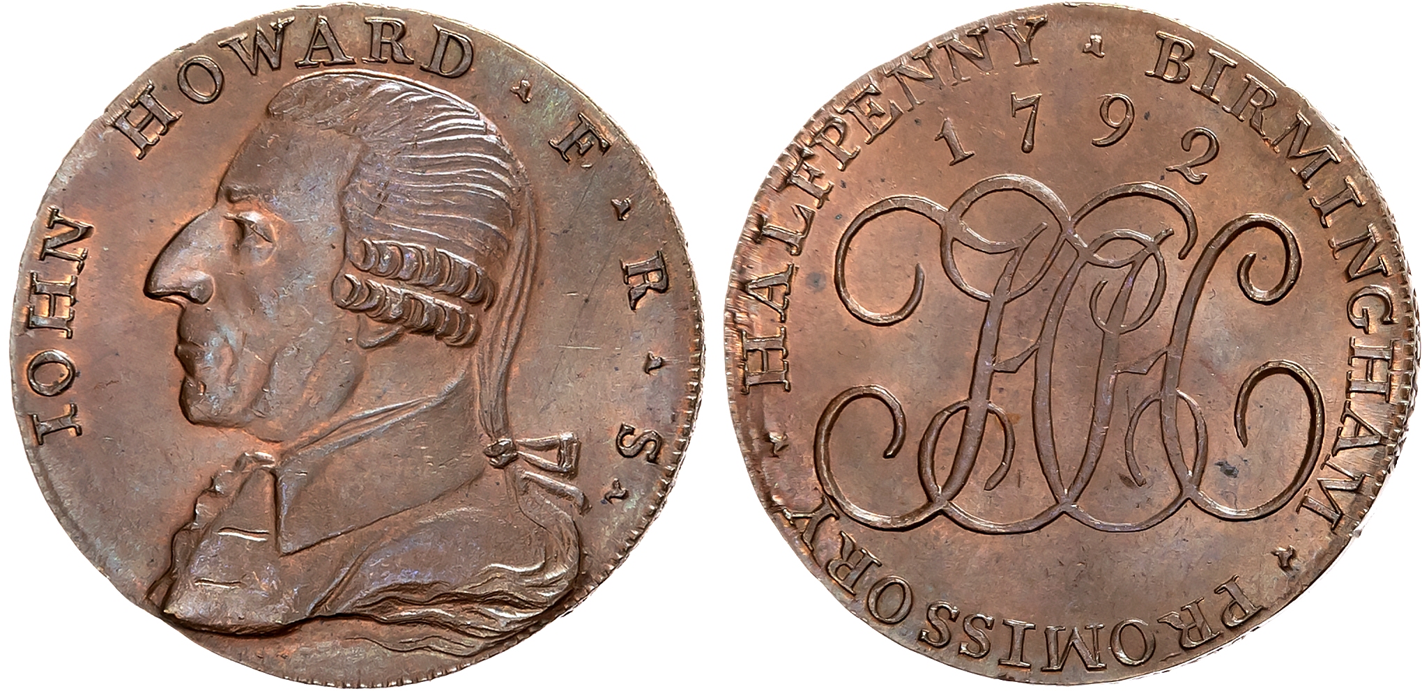 Warks . Birmingham , Henry Hickman, (ironmonger) Halfpenny 1792, Bust of John Howard, the prison reformer, rev. HH cyphe …