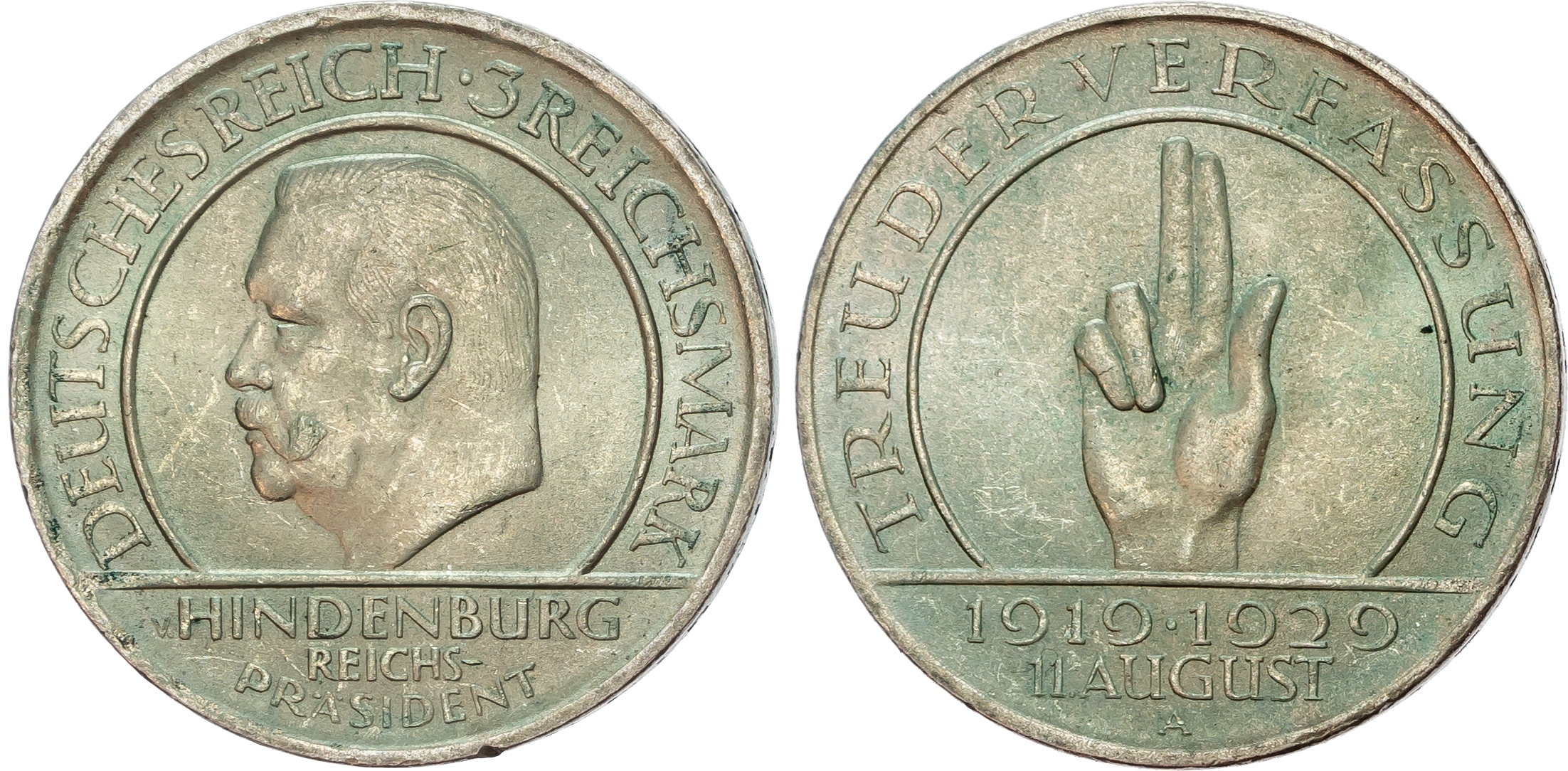 Germany, Weimar Republic (1913-1933), 10th Anniversary of the Weimar Constitution, silver 3 Reichsmark (3).