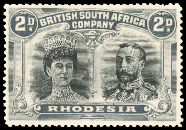 Rhodesia 1910-13 2d black and (light) grey-black perf 15 no gash plate