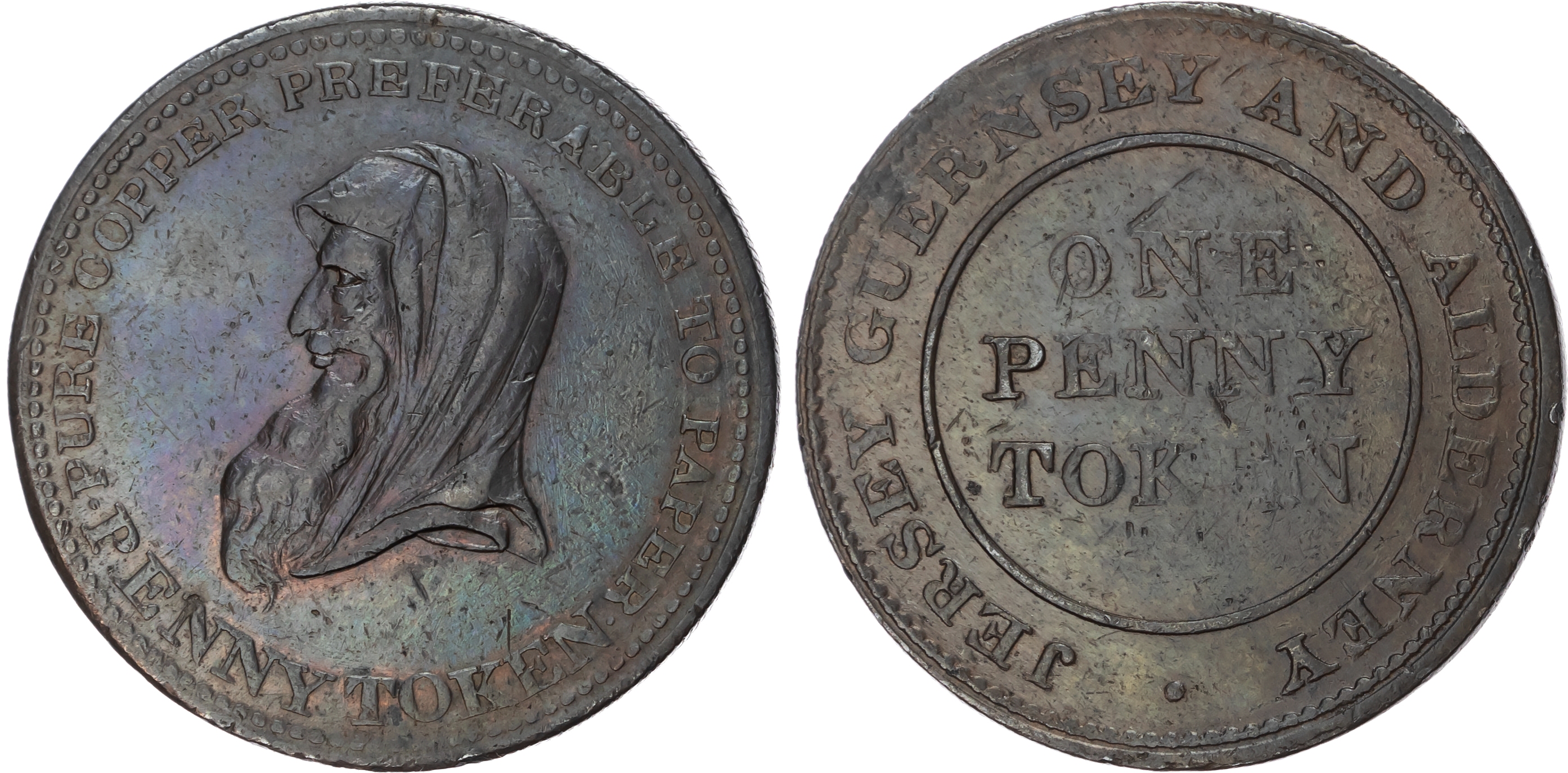 JERSEY, GUERNSEY AND ALDERNEY Channel Islands For general circulation Penny undated, Cowled druid’s head left.…