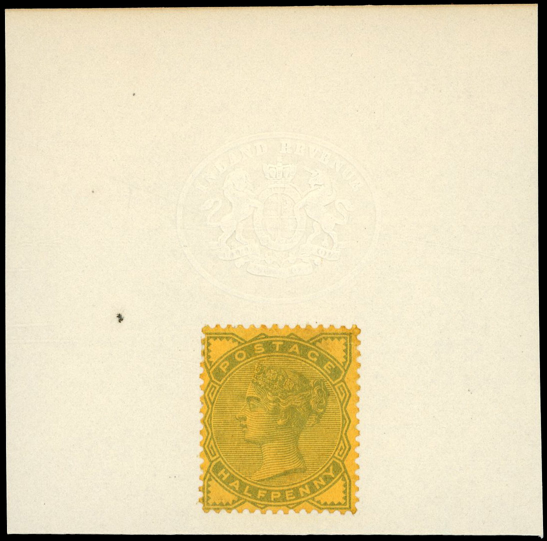 1884 ½d Colour trial. Very fine example printed in greenish-grey on orange-yellow crown watermarked paper, affixed to sm…