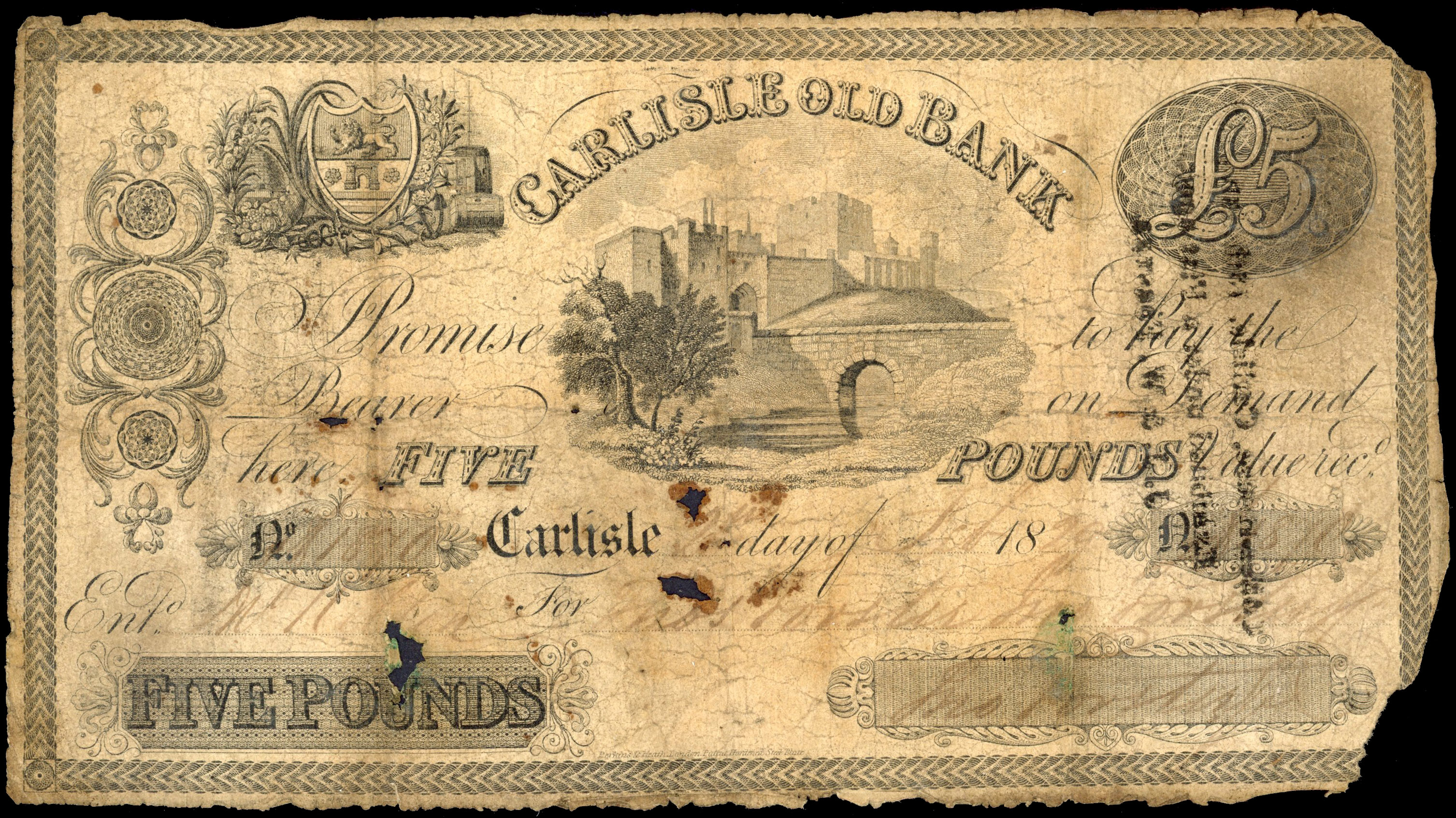 CARLISLE, Carlisle Old Bank, for Thos Forster, Jno Forster & Co., £5.,2 February 1829, serial number D1532, si…