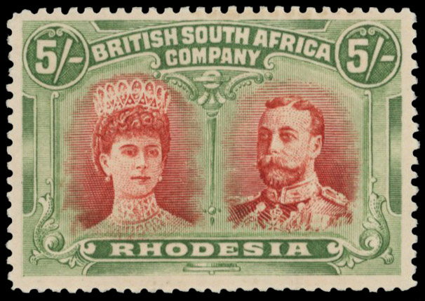 5s scarlet-vermilion and deep green RSC C, position 15 King's eyebrow line mint