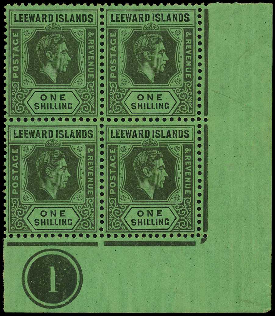 1938 1/- black on emerald paper Plate 1 block...
