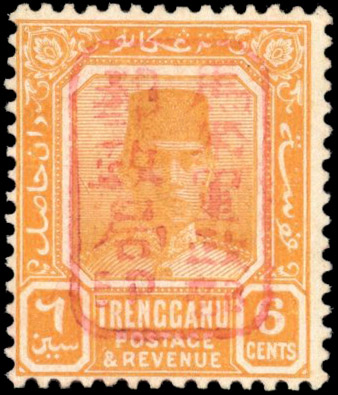 Malaya Japanese Occupation 1942 (Sept) Trengganu 6c orange (ordinary paper), chop 'E' in RED SG J103a