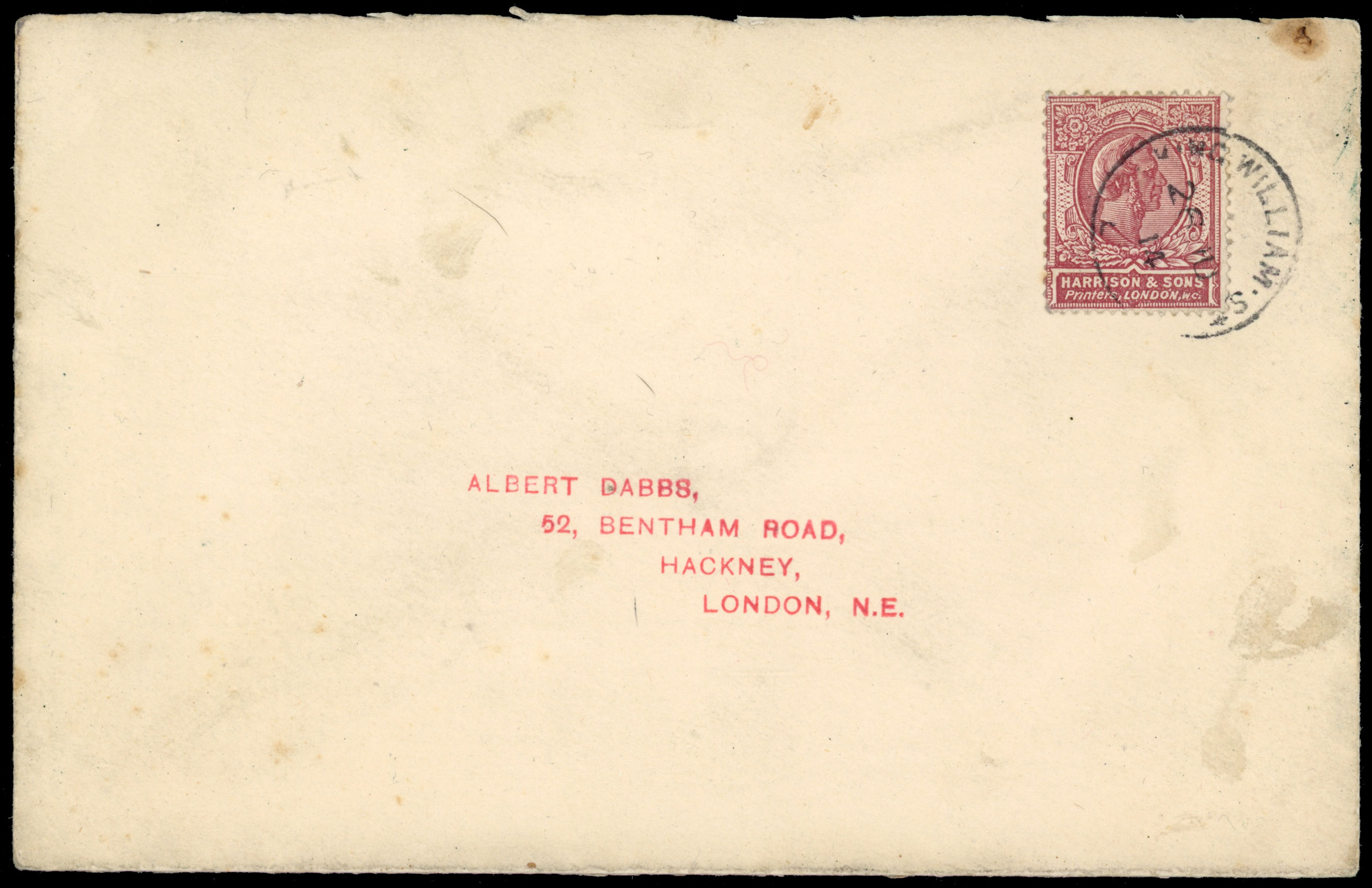 GB 1914 cover bearing Harrison & Sons trial stamp postally used