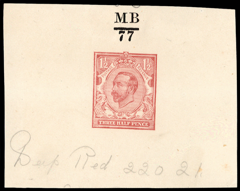 Great Britain 1910 1½d Hentschel colour essay. Very fine example printed in red on white wove paper (68 x 53mm) wi…