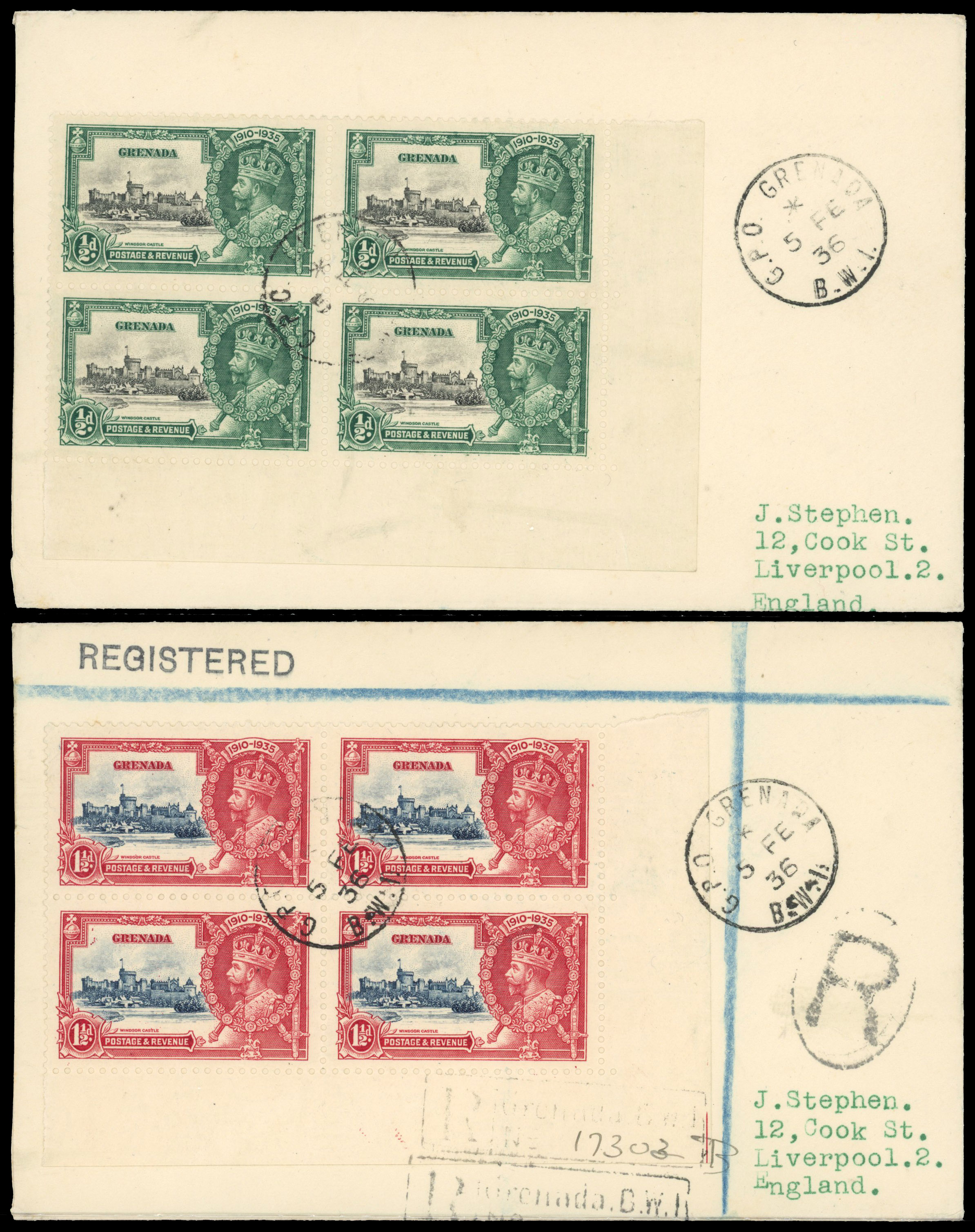Grenada 1935 SJ set in blocks on covers 'Kite and Log'