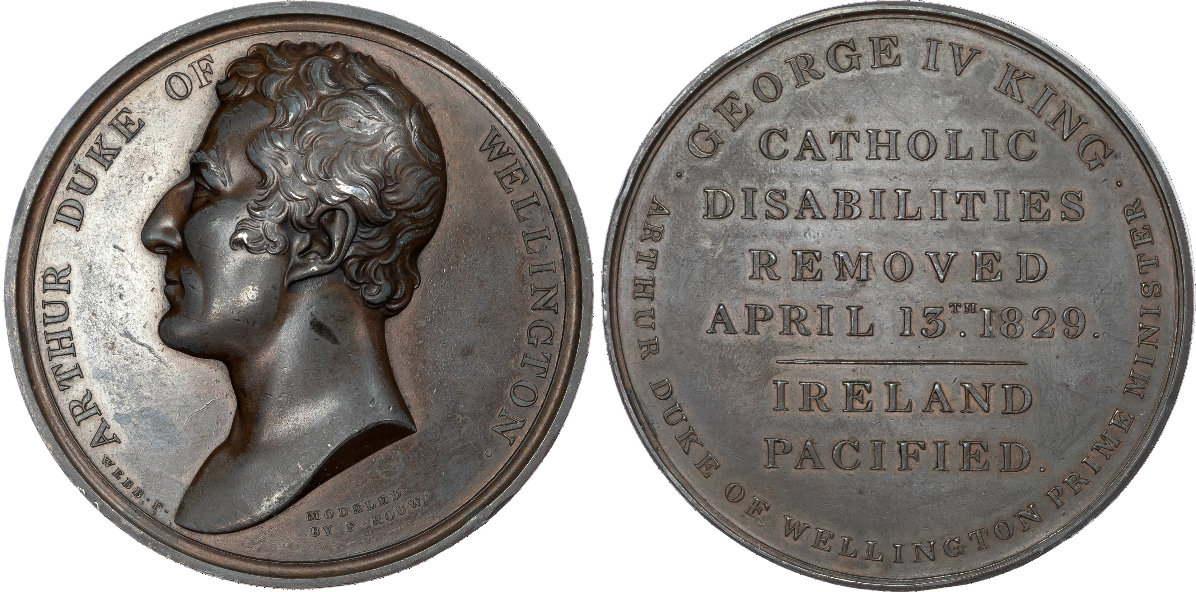 Duke of Wellington, Catholic Emancipation Bill, copper medal (55mm/81.32gm) 1829 by T. Webb [after P. Rouw].
